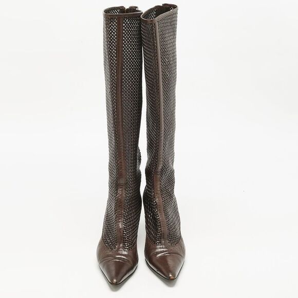 Bottega Veneta Dark Brown Woven Leather Zipped Knee Length Boots Size 39.5 - Picture 3 of 7